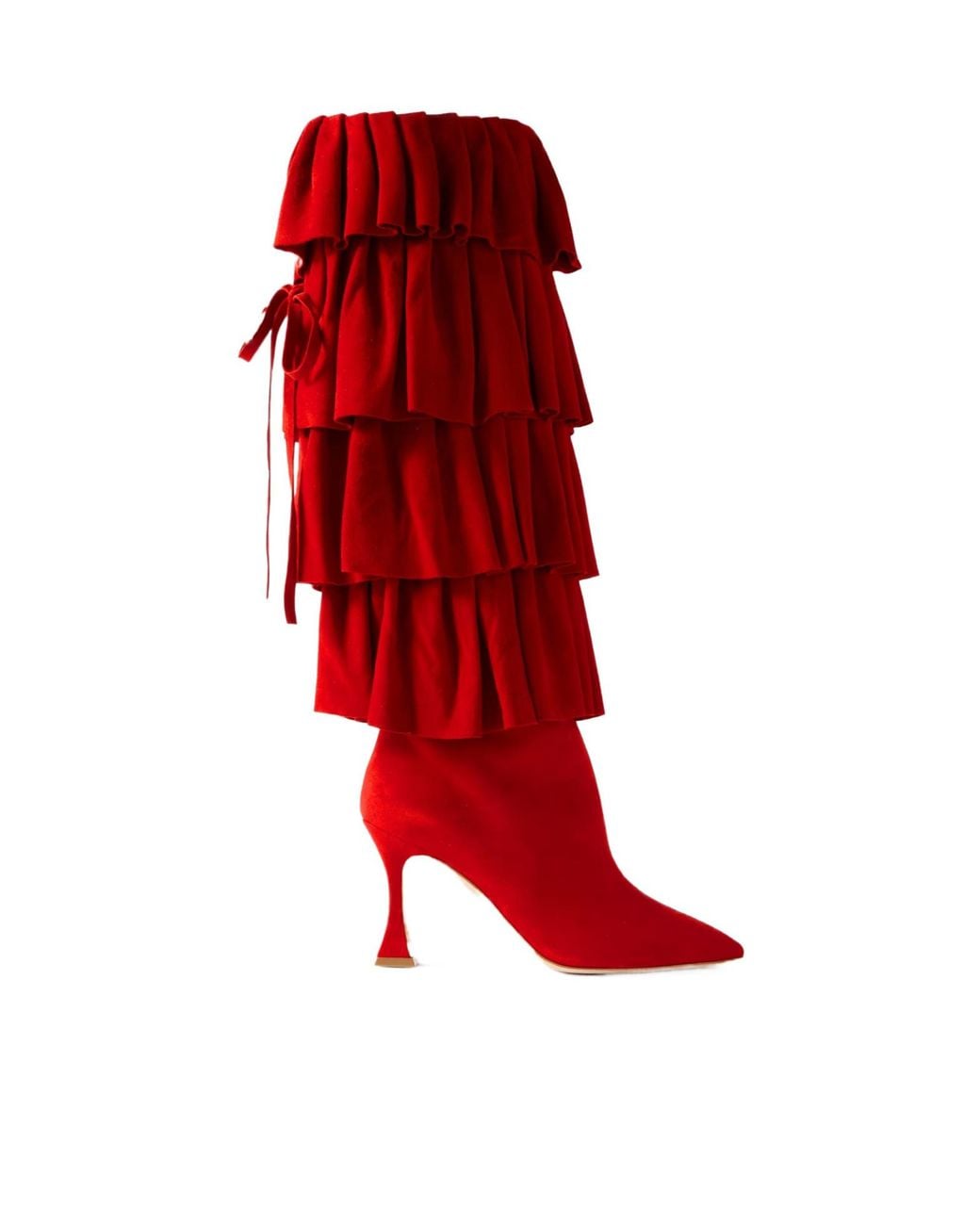 Manolo Blahnik Mifalone 90 Tiered Ruffled Suede Knee Boots