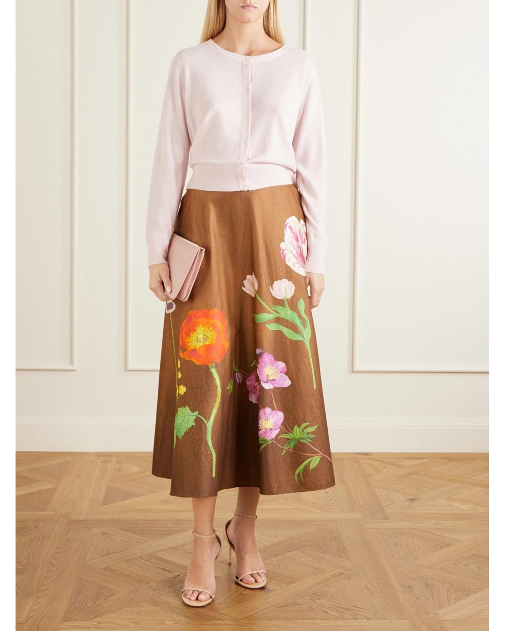 Oscar de la Renta Brown Floral-Print Cotton-Poplin High-Waist Midi Skirt