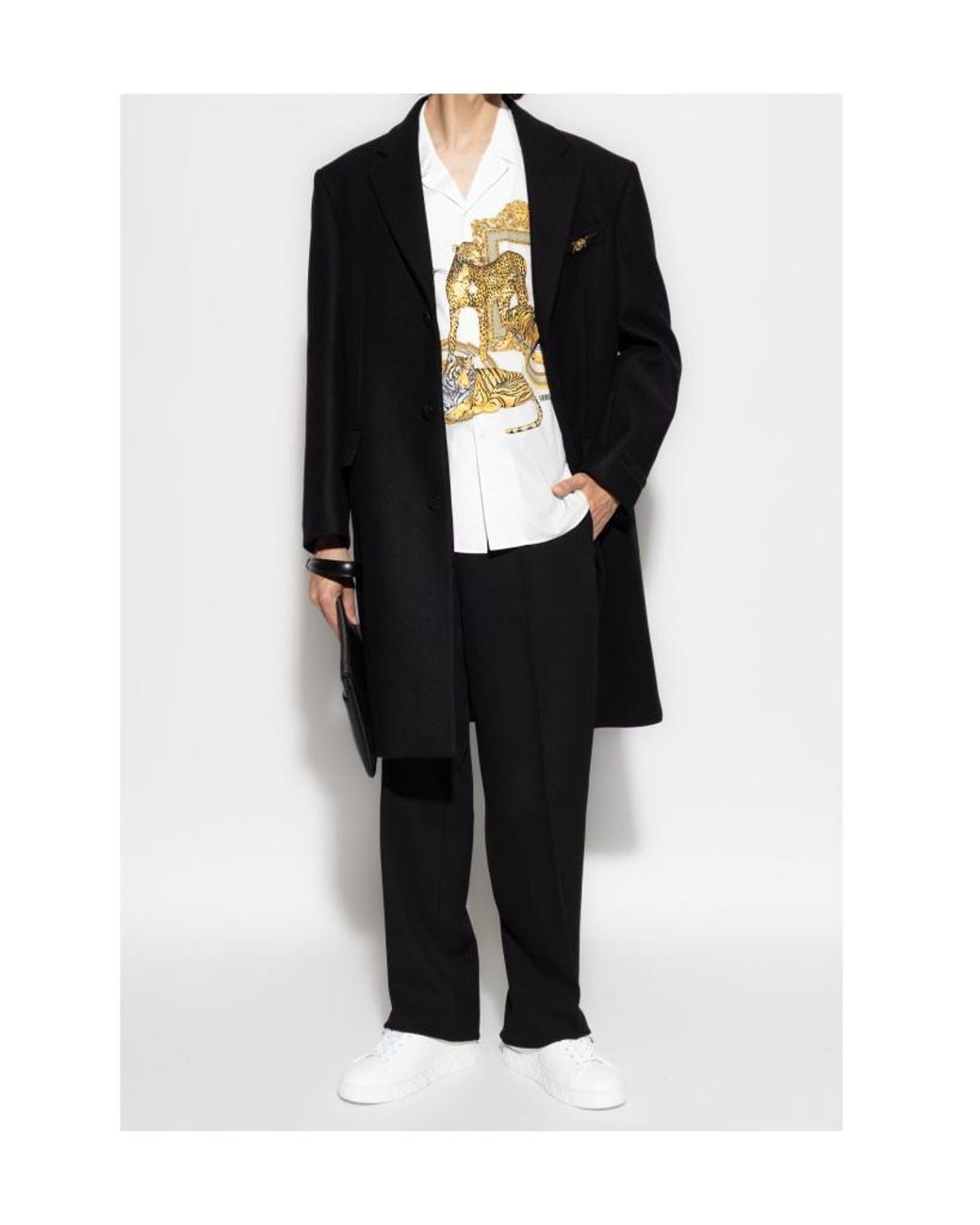 Versace Black Logo-Patch Button-Up Long Coat for men