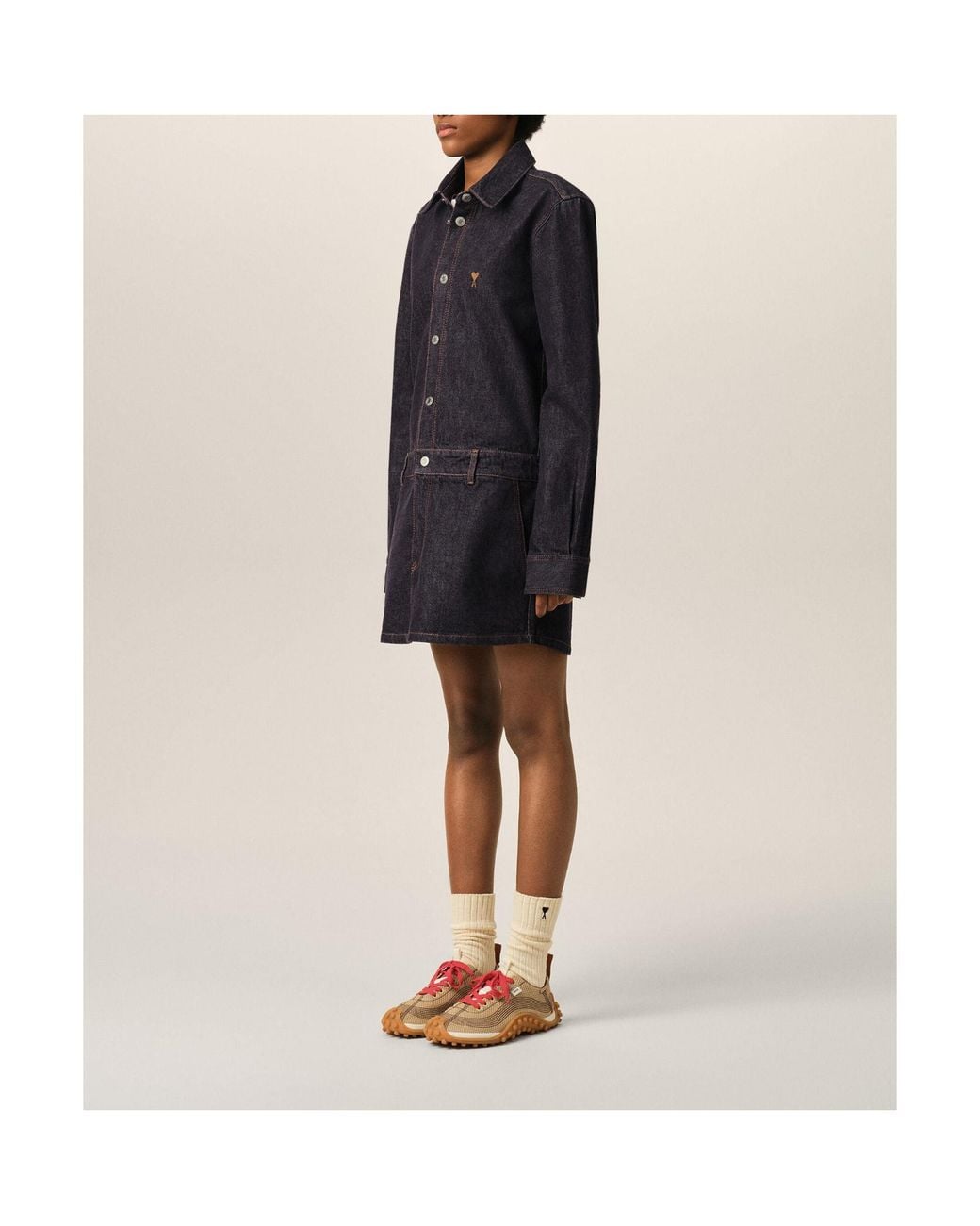 AMI Blue Cotton Denim Shirt Dress With Ami De Coeur