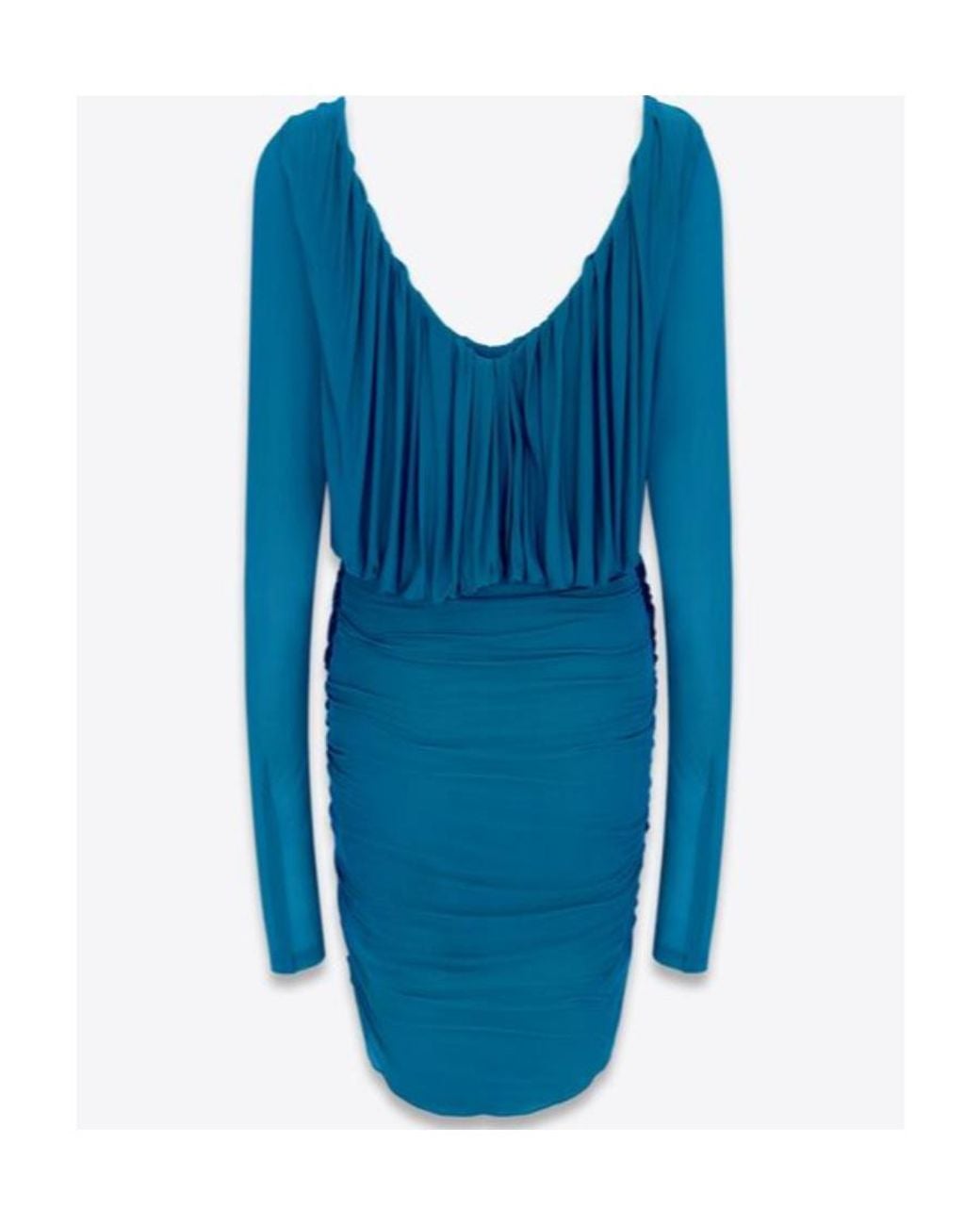 Saint Laurent Blue V-Neck Draped Long-Sleeved Dress