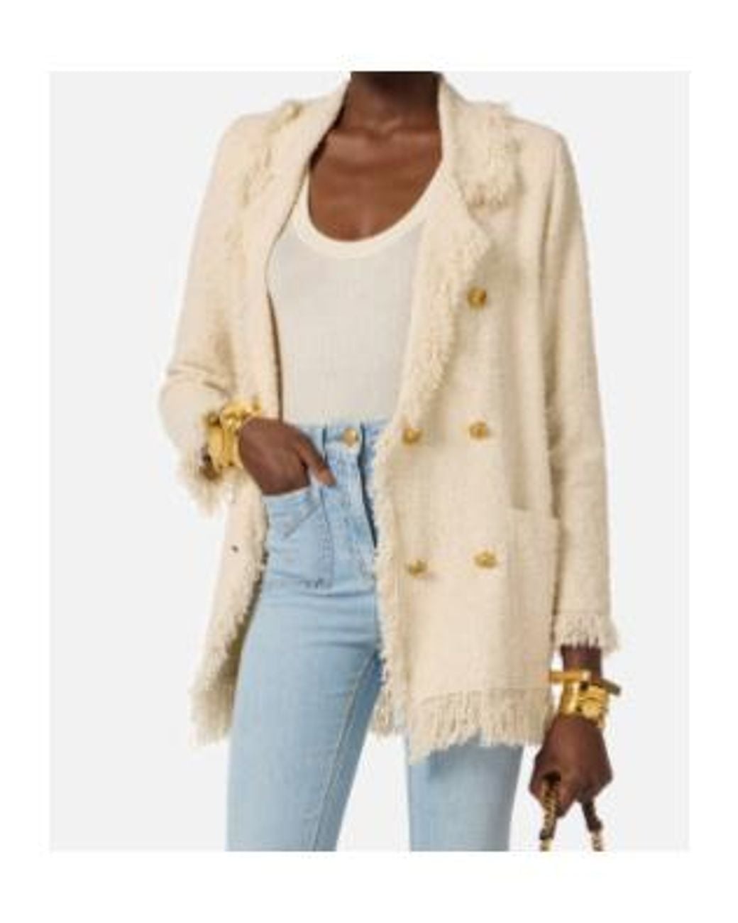 Elisabetta Franchi Natural Fringed Bouclé Knit Jacket