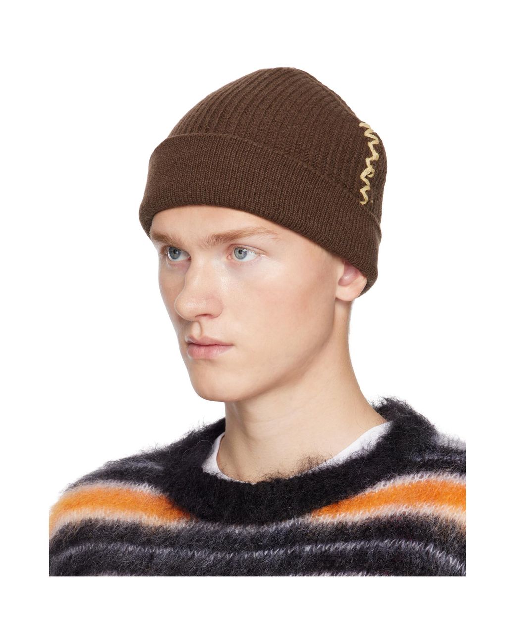 Marni Brown Logo Knitted Beanie for men
