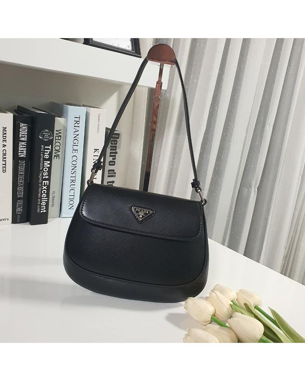 Prada Black Cleo Logo Patch Shoulder Bag