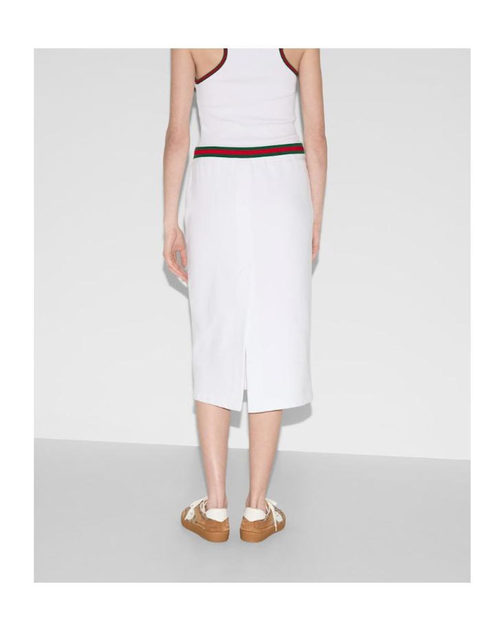 Gucci White Rear Slit Web Stripe Detailed Midi Skirt