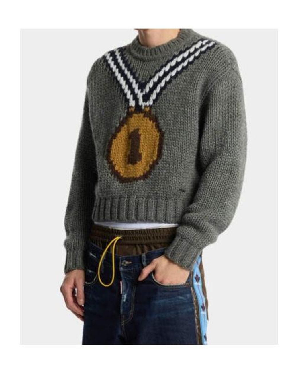 DSquared² Gray ディースクエアード2 インターシャメダルニットセーター for men
