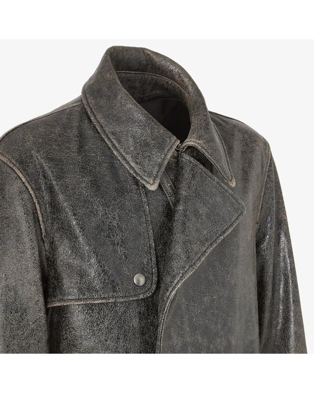 Fendi Gray Crackled Belted Leather Trench Coat for men