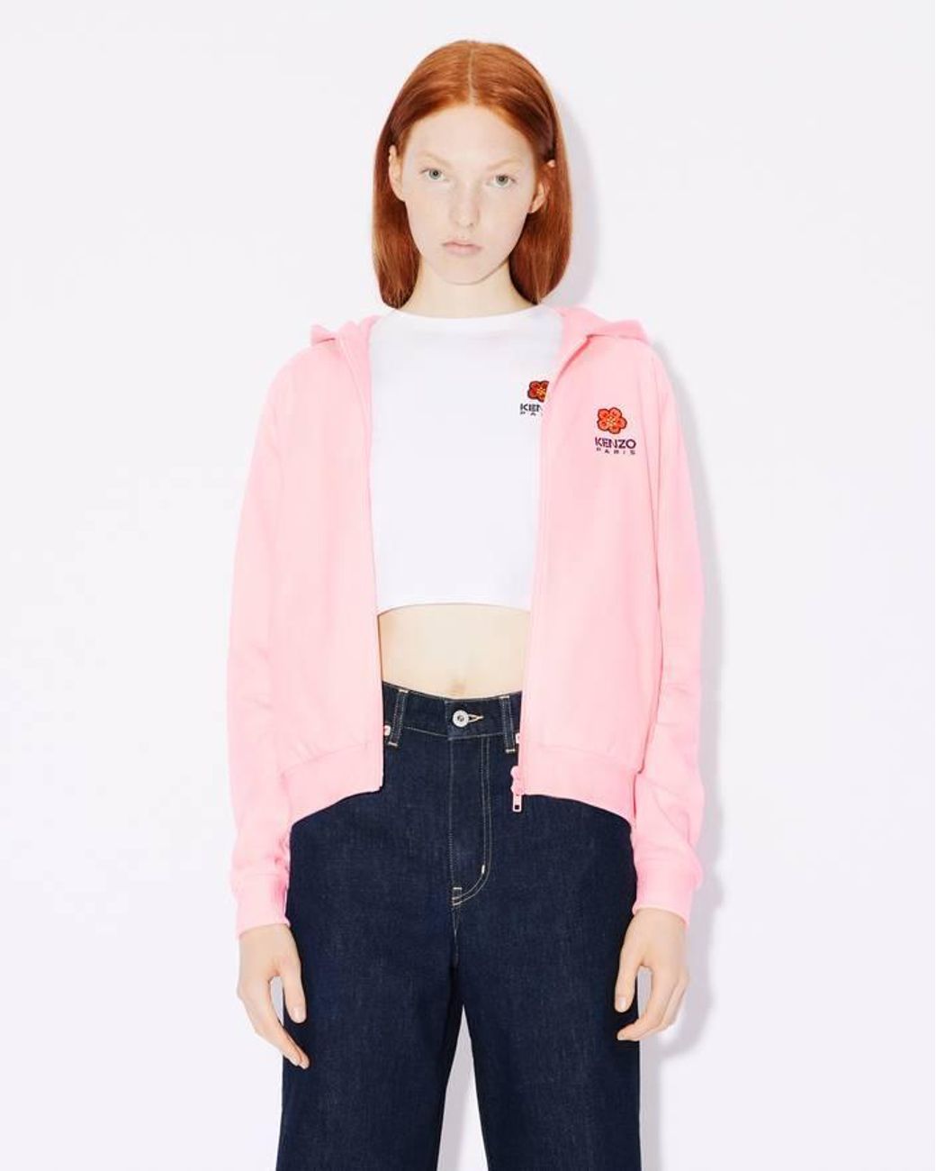 KENZO Pink 'Boke Flower Crest' Hooded Embroidered Zip-Up Cardigan