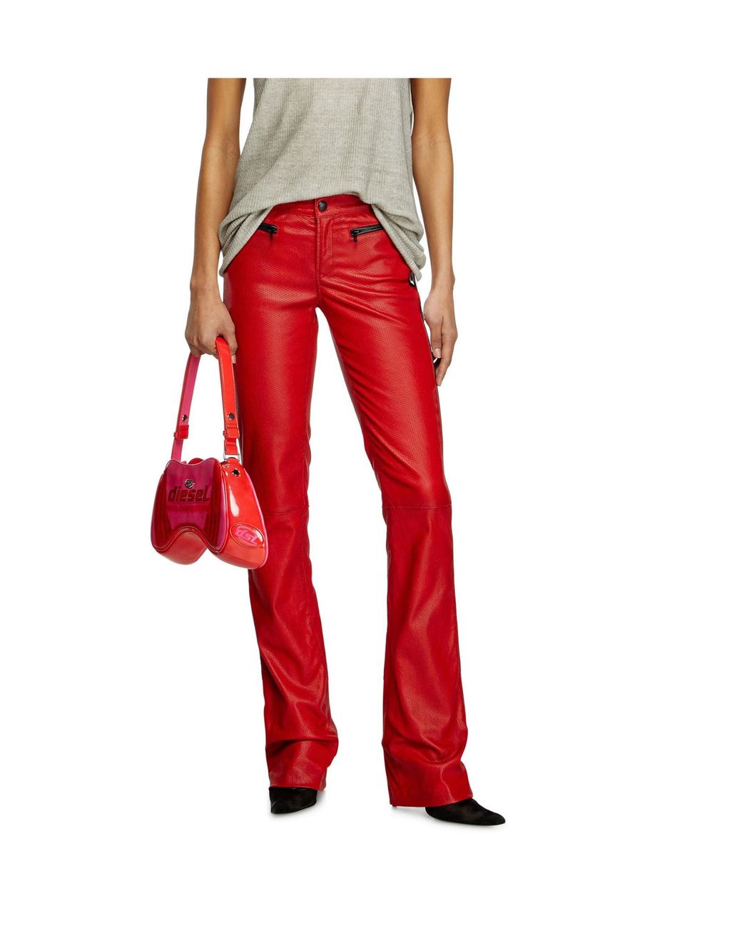 DIESEL Red L-Insey Perforated Stretch Leather Biker Pants