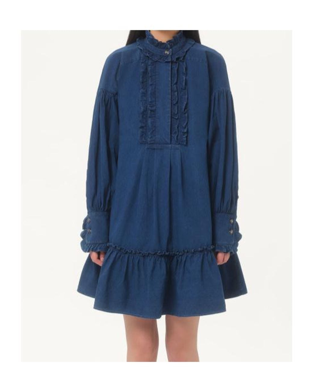 Valentino Blue Ruffled Long-Sleeved Denim Dress