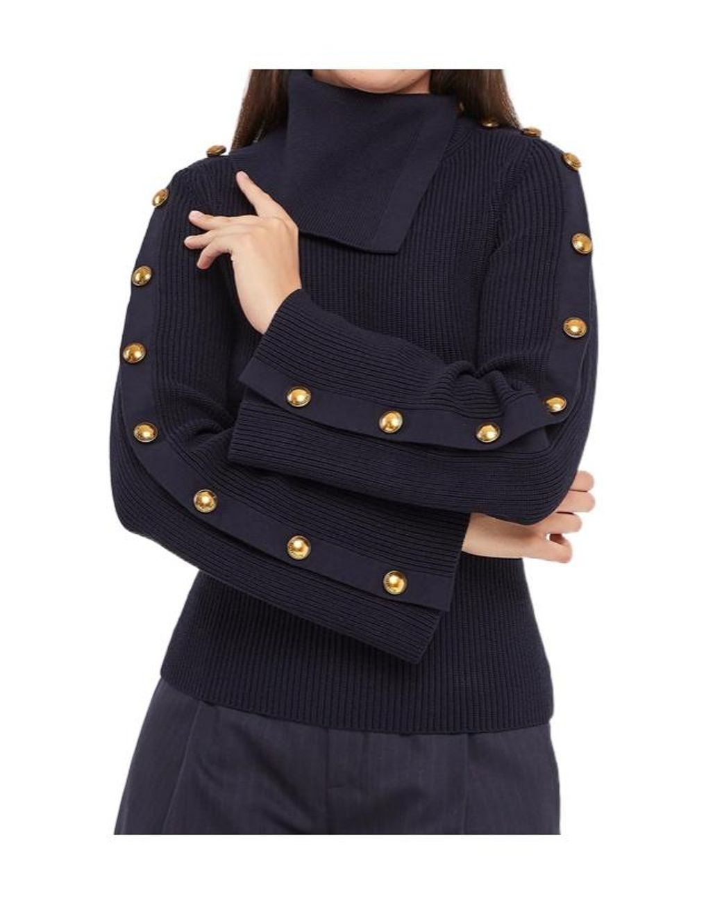 Elisabetta Franchi Blue Buttoned High-Neck Knitted Sweater