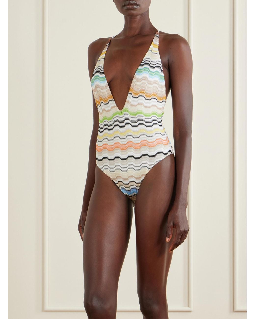 Missoni White Striped Crochet-Knit Swimsuit