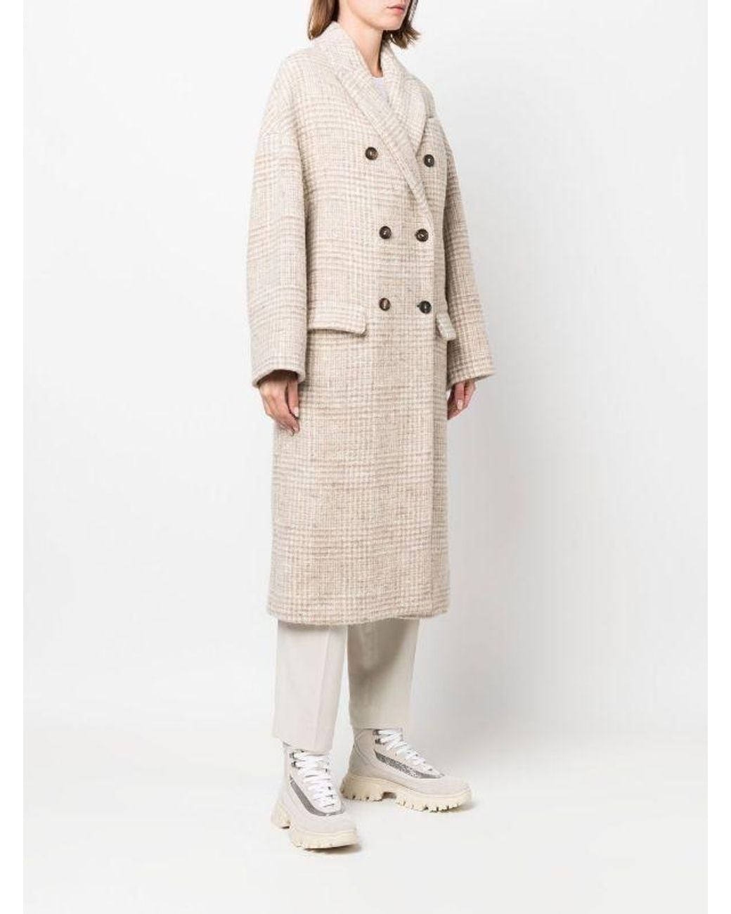 Brunello Cucinelli Natural Double-Breasted Checked Coat