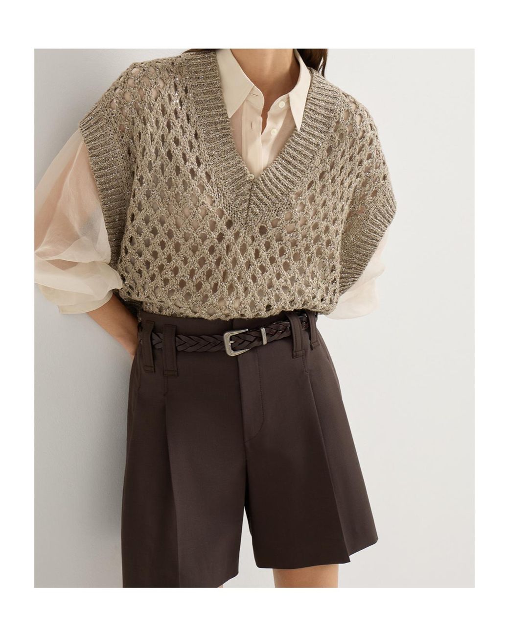 Brunello Cucinelli Gray Open-Knit Sleeveless Top
