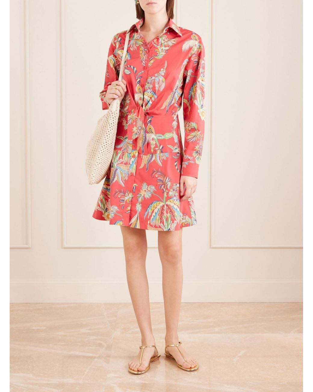 Etro Red Knotted Printed Cotton-Blend Mini Dress