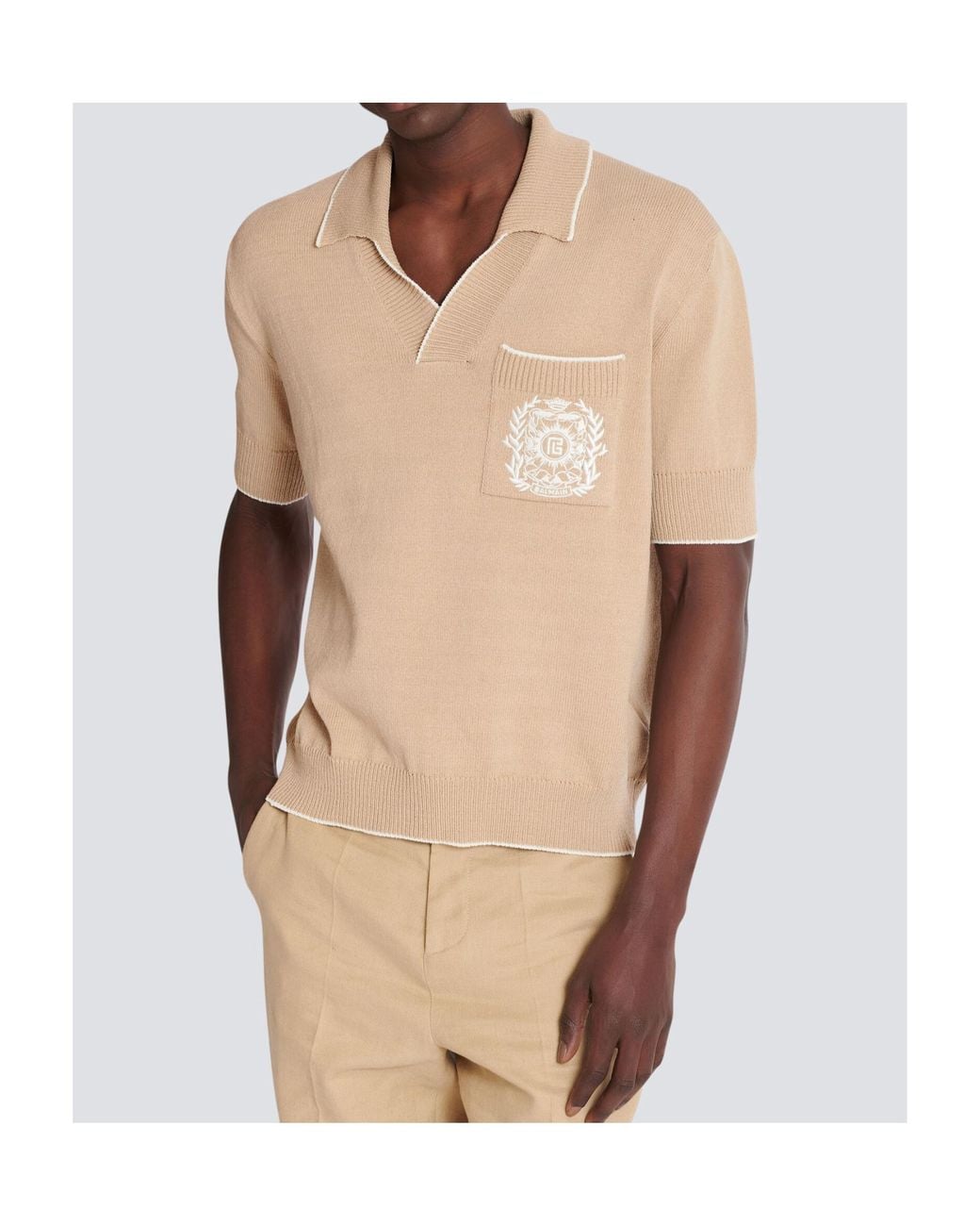 Balmain Natural Knitted Crest-Detail Polo Shirt for men