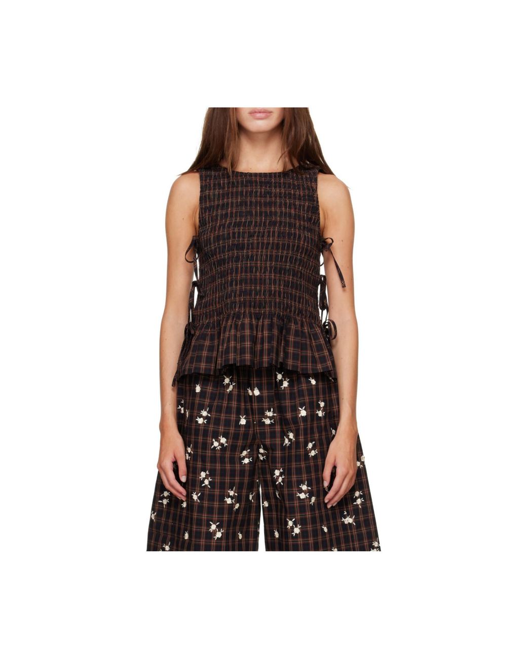 Ganni Black Smocked Check Lace-Up Top