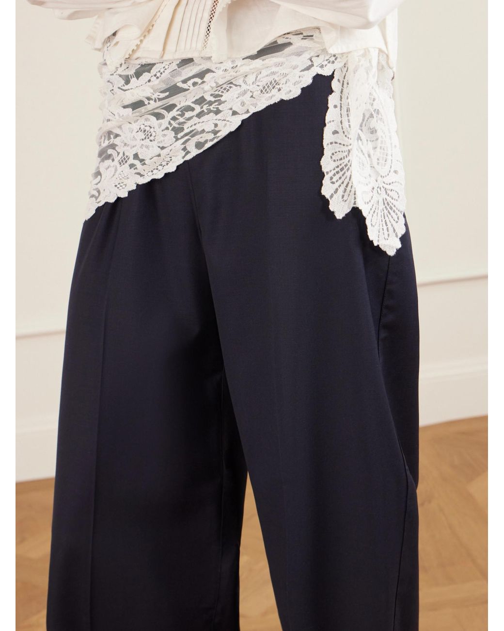 Sea Blue Lace-Trim Pleated Trousers