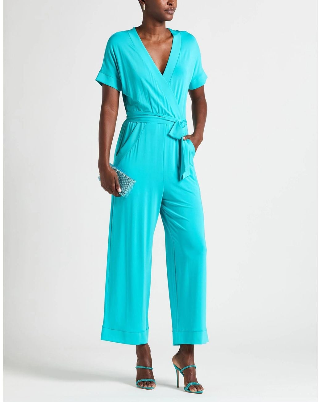 Max Mara Blue Solid V-Neck Short-Sleeve Jumpsuit