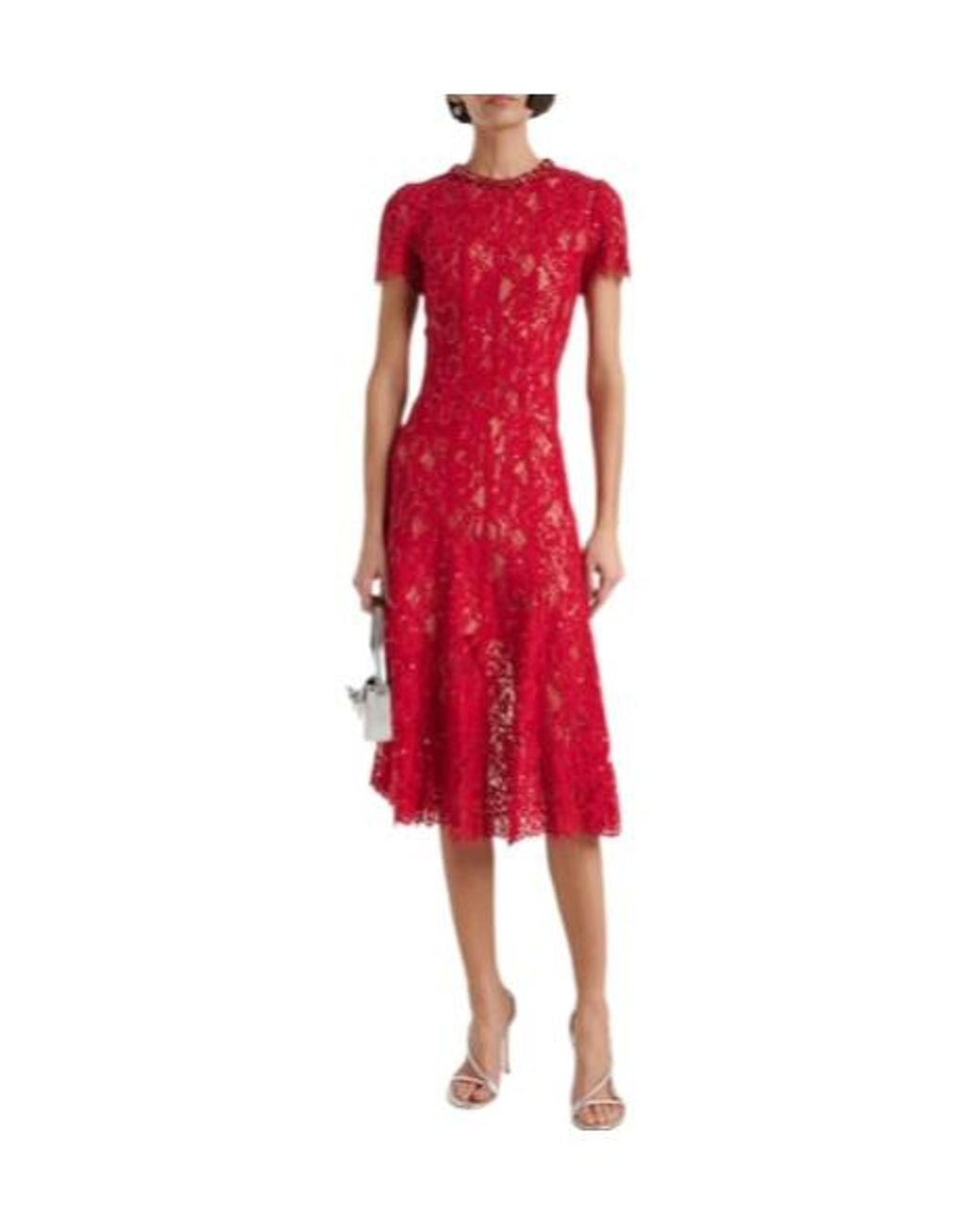 Self-Portrait Red Lace Sequined Midi Dress