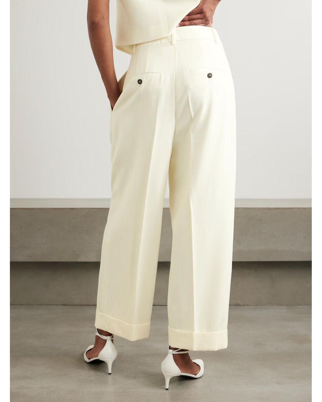 Rohe White Cropped Pleated Wool Wide-Leg Pants