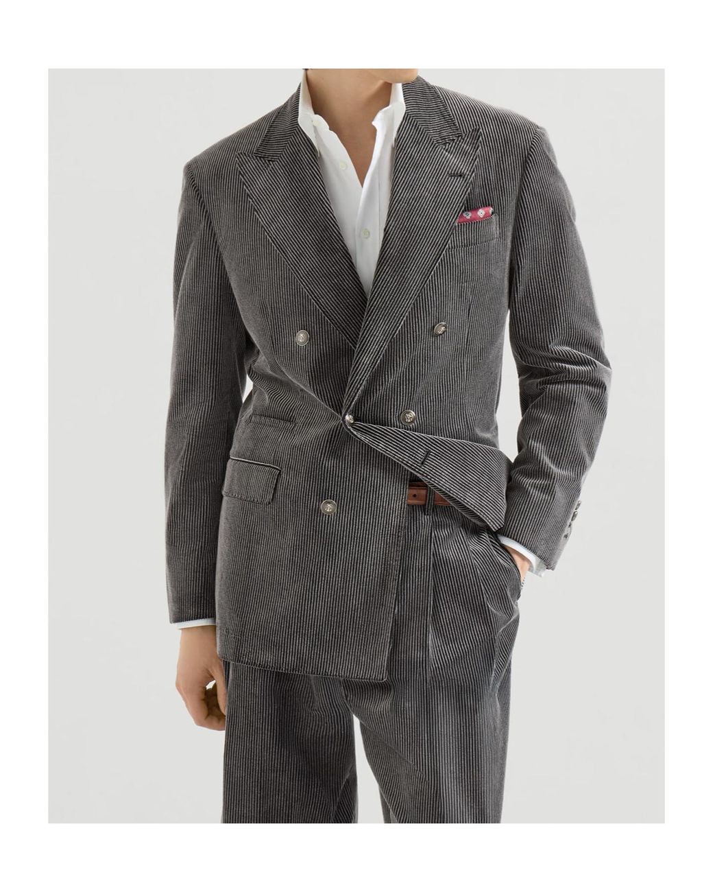 Brunello Cucinelli Gray Frosted Cotton Corduroy One-And-A-Half Breasted Tailor Blazer With Metal Buttons for men