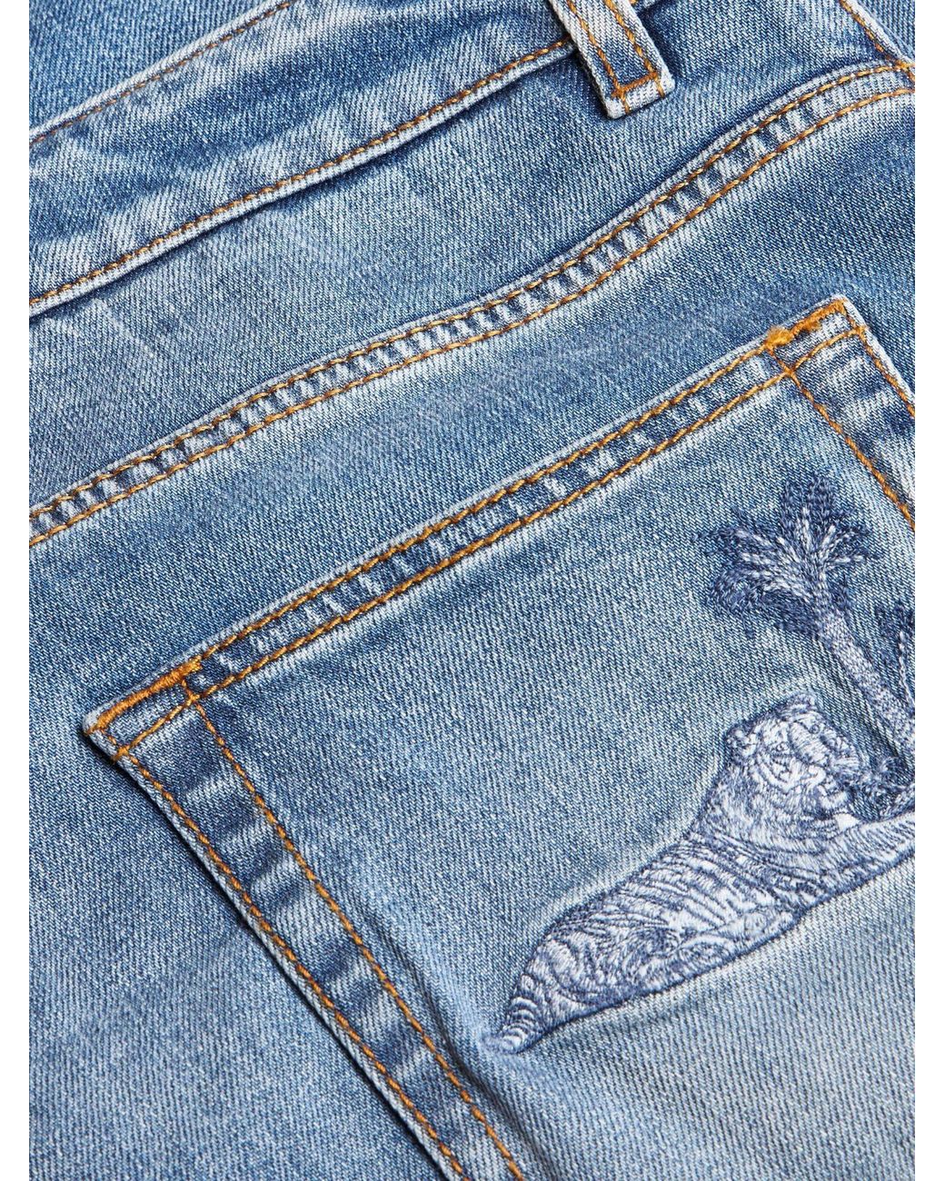 Etro Blue Embroidered Straight Leg Jeans for men