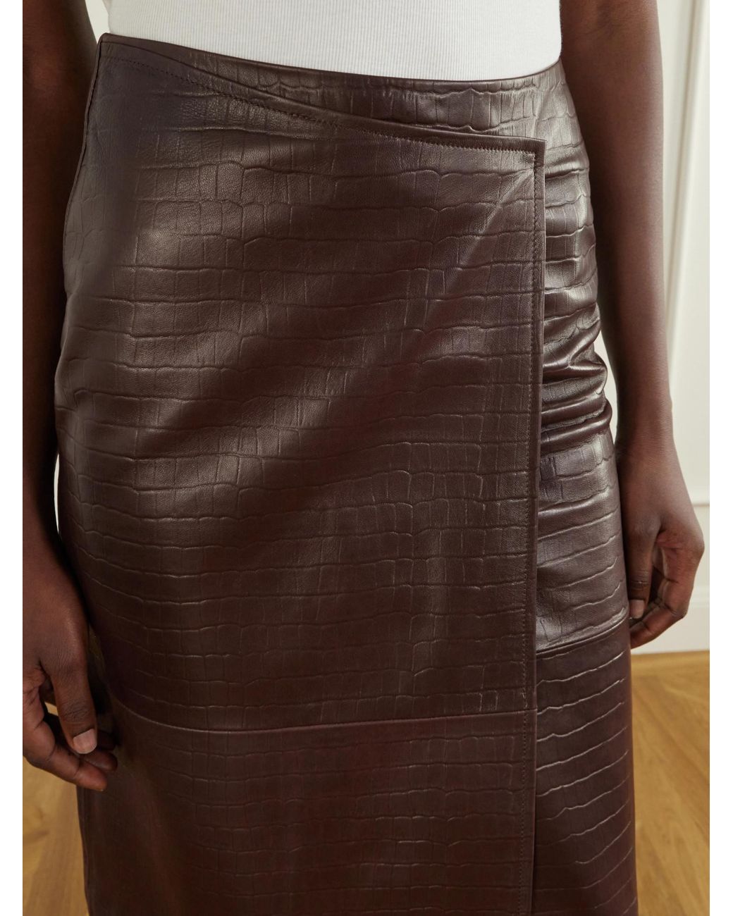 Nour Hammour Brown Leather Midi Wrap Skirt