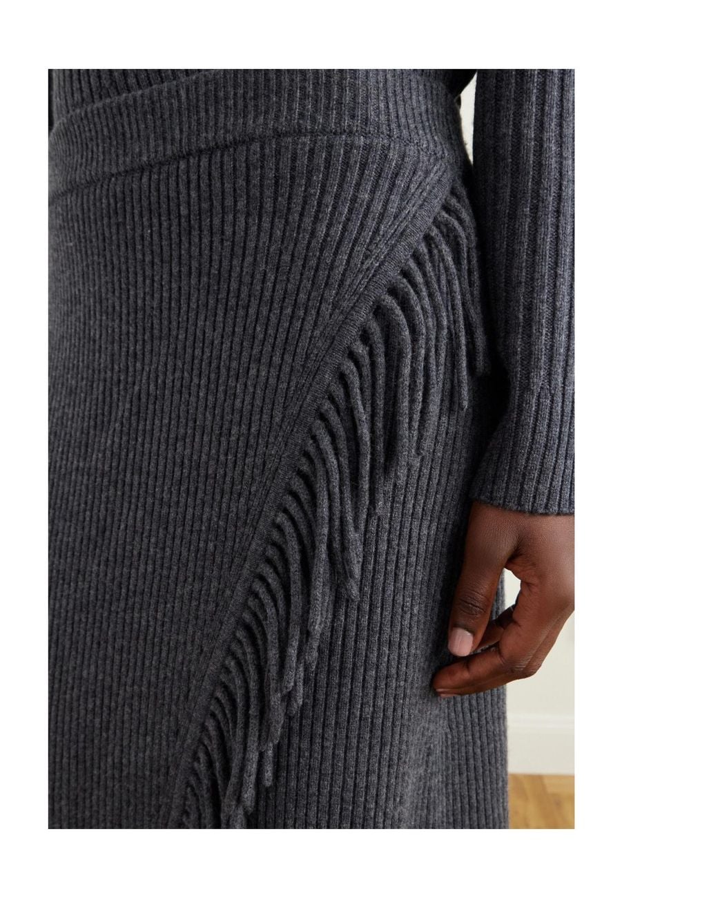 Jonathan Simkhai Gray Casey Fringe-Trim Ribbed Midi Skirt
