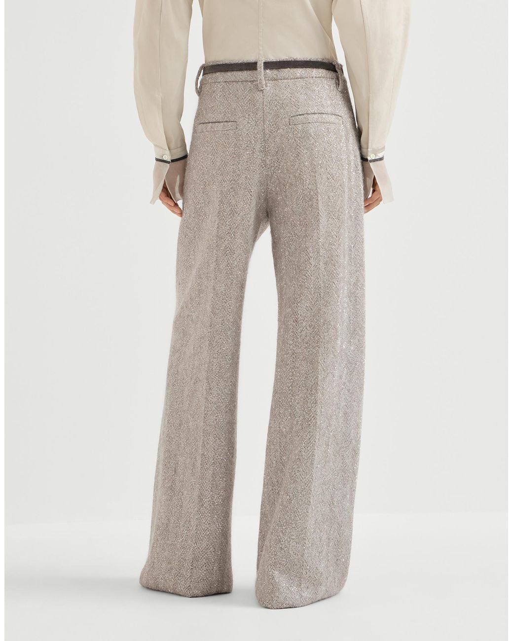 Brunello Cucinelli Gray Dazzling Chevron Embroidery Loose Pleated Trousers