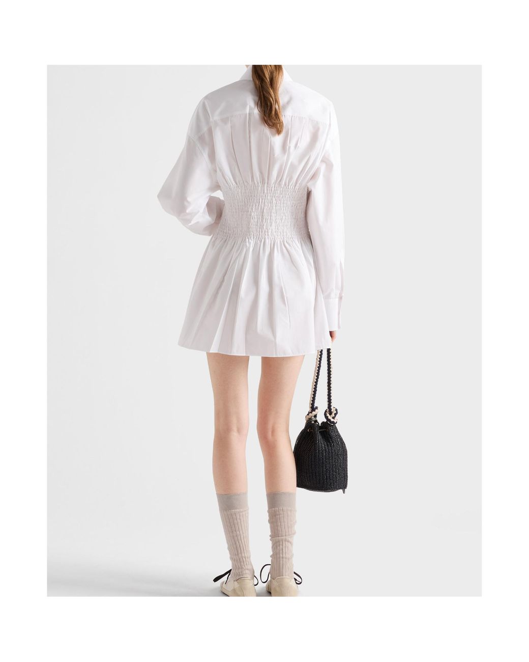 Prada White Smocked-Waist Long-Sleeved Poplin Shirt