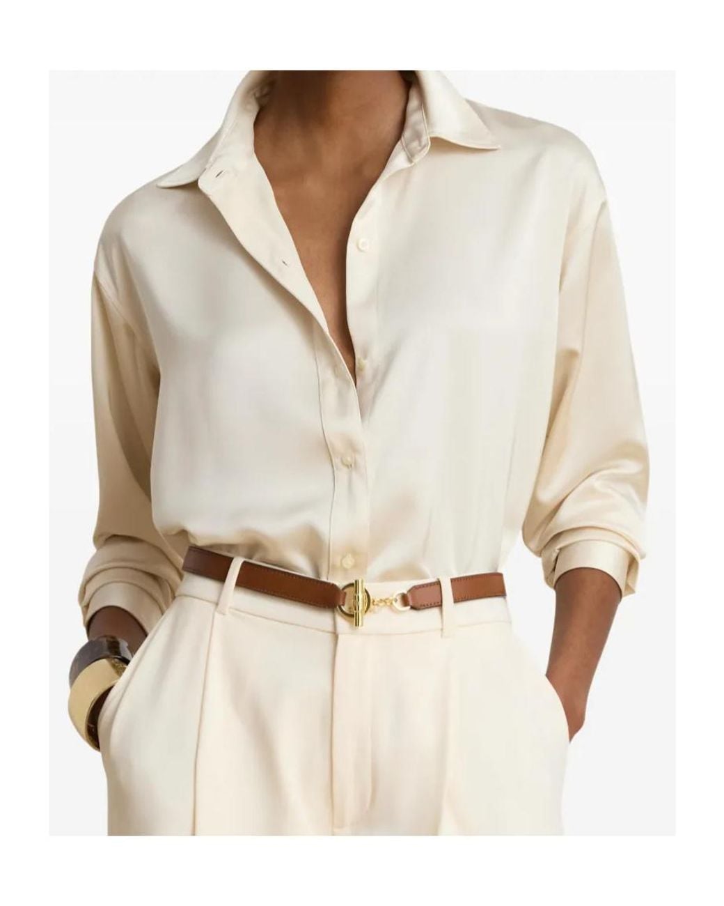 Ralph Lauren White Lauren Satin Button-Up Shirt