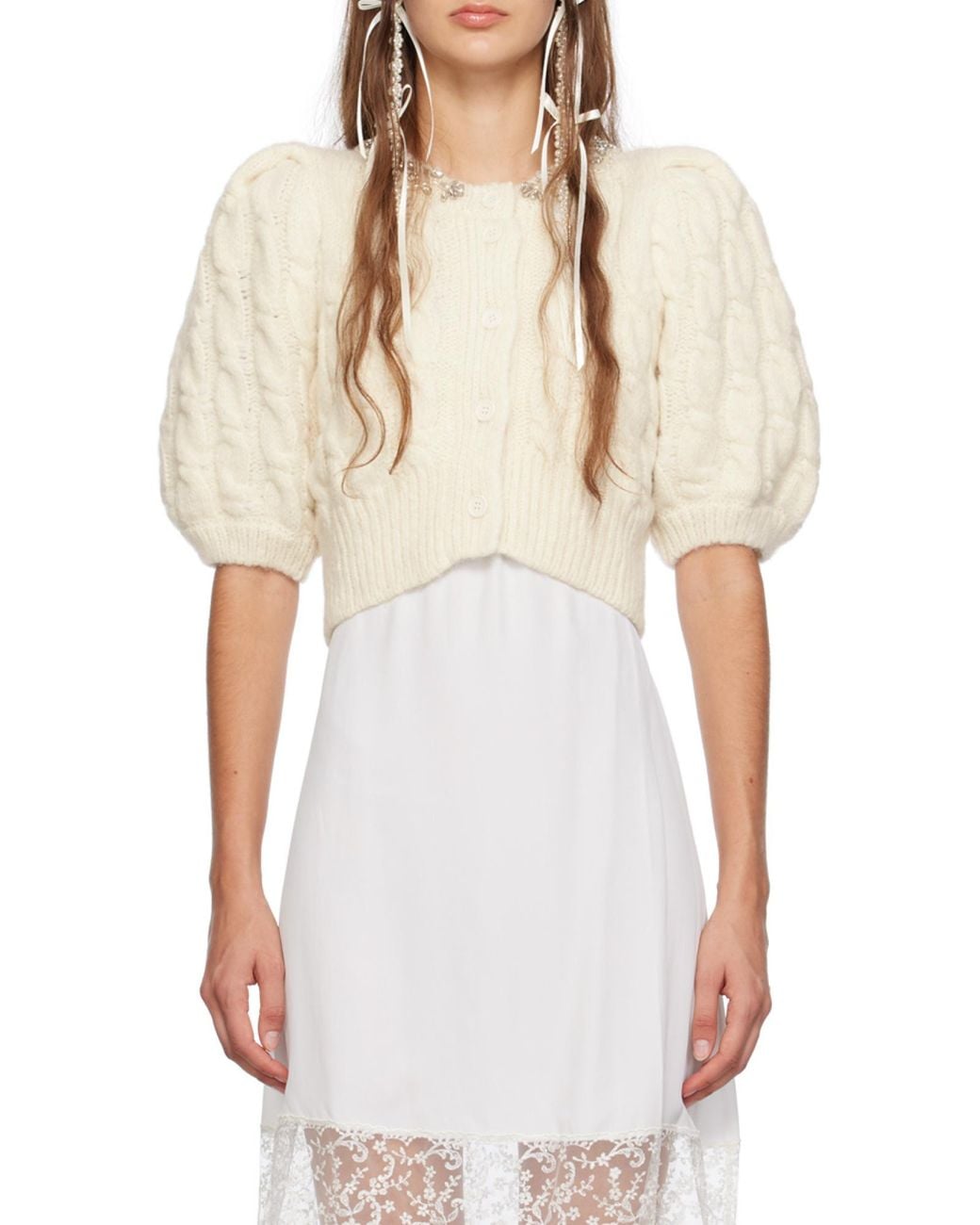 Simone Rocha White Cable-Knit Cropped Cardigan
