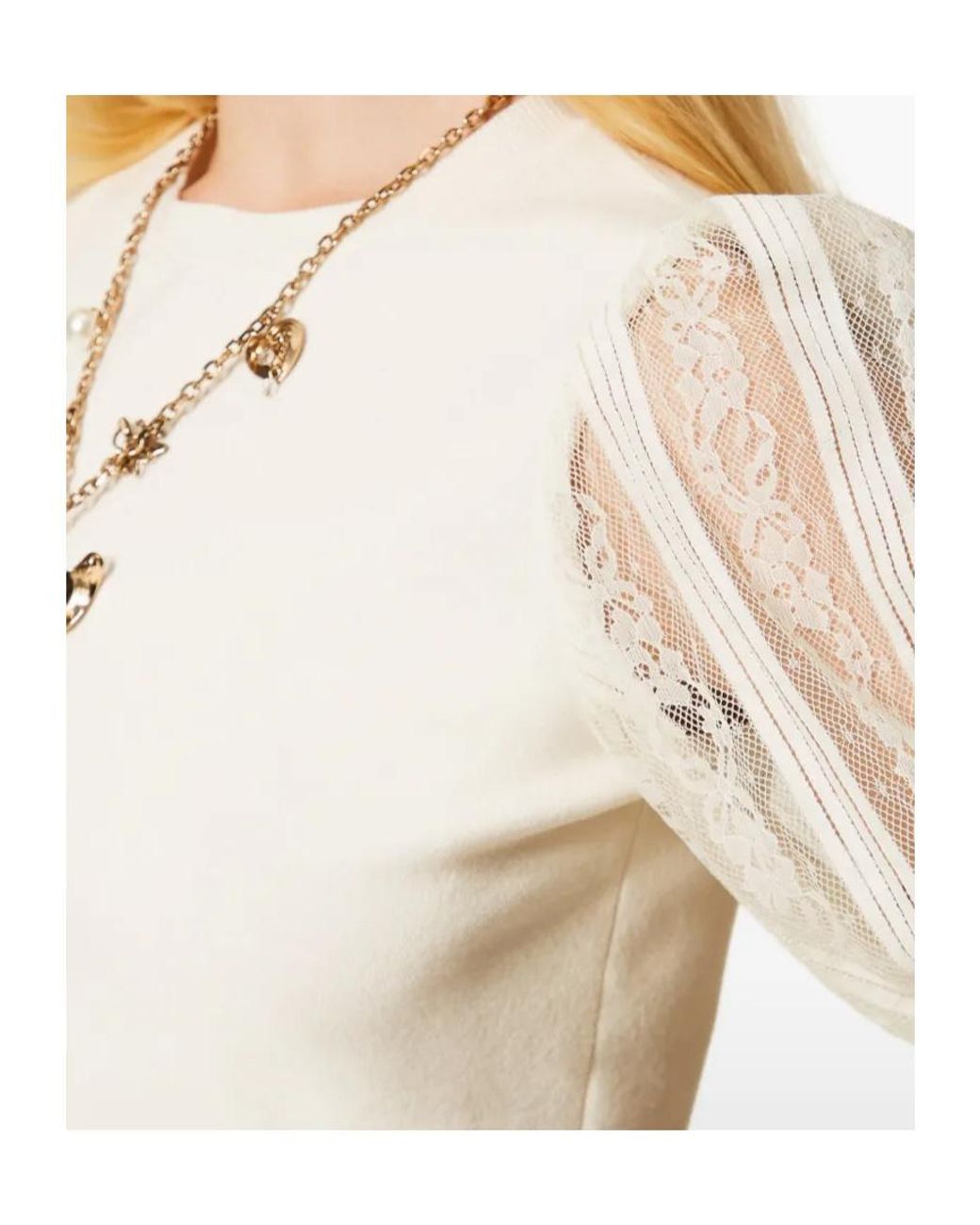 Twinset White Lace-Sleeve Top