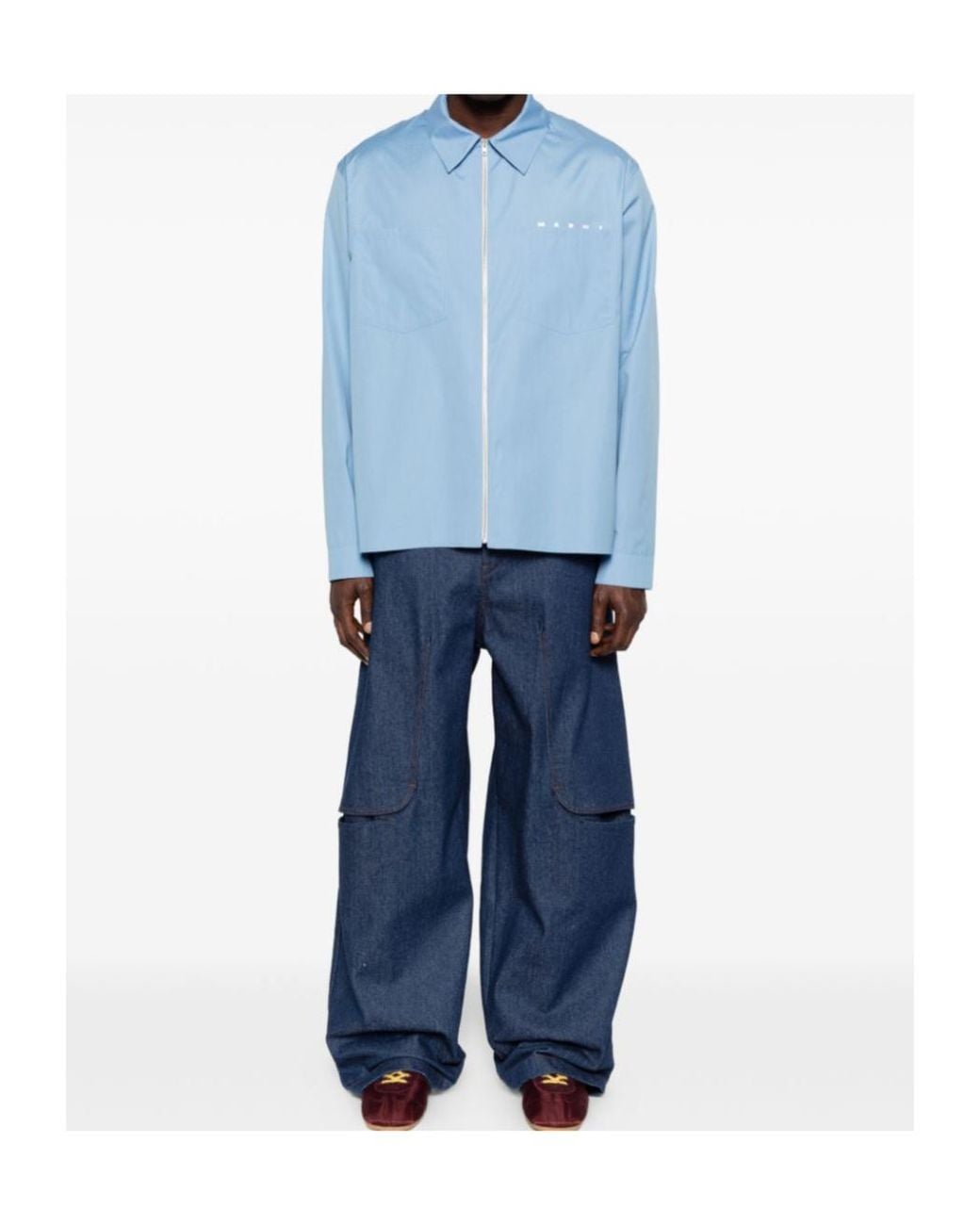 Marni Blue Logo Printed Long-Sleeved Zipped Shirt for men