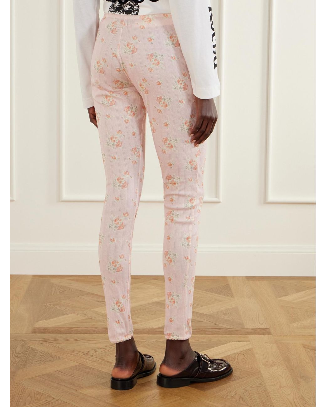 Simone Rocha Natural Ruffled Floral-Print Pointelle-Knit Cotton-Jersey Leggings