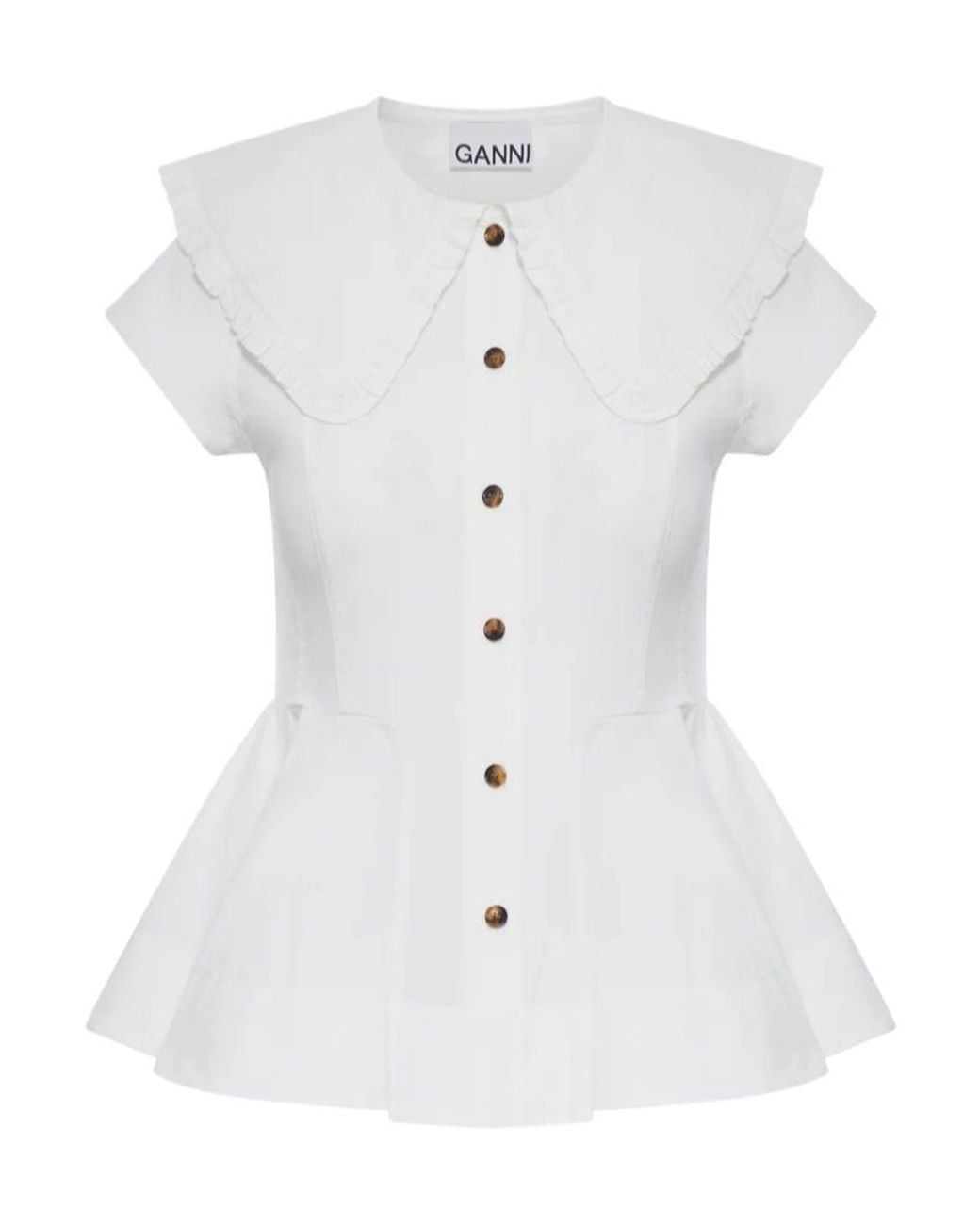 Ganni White Short Cotton Shirt With Ruffles