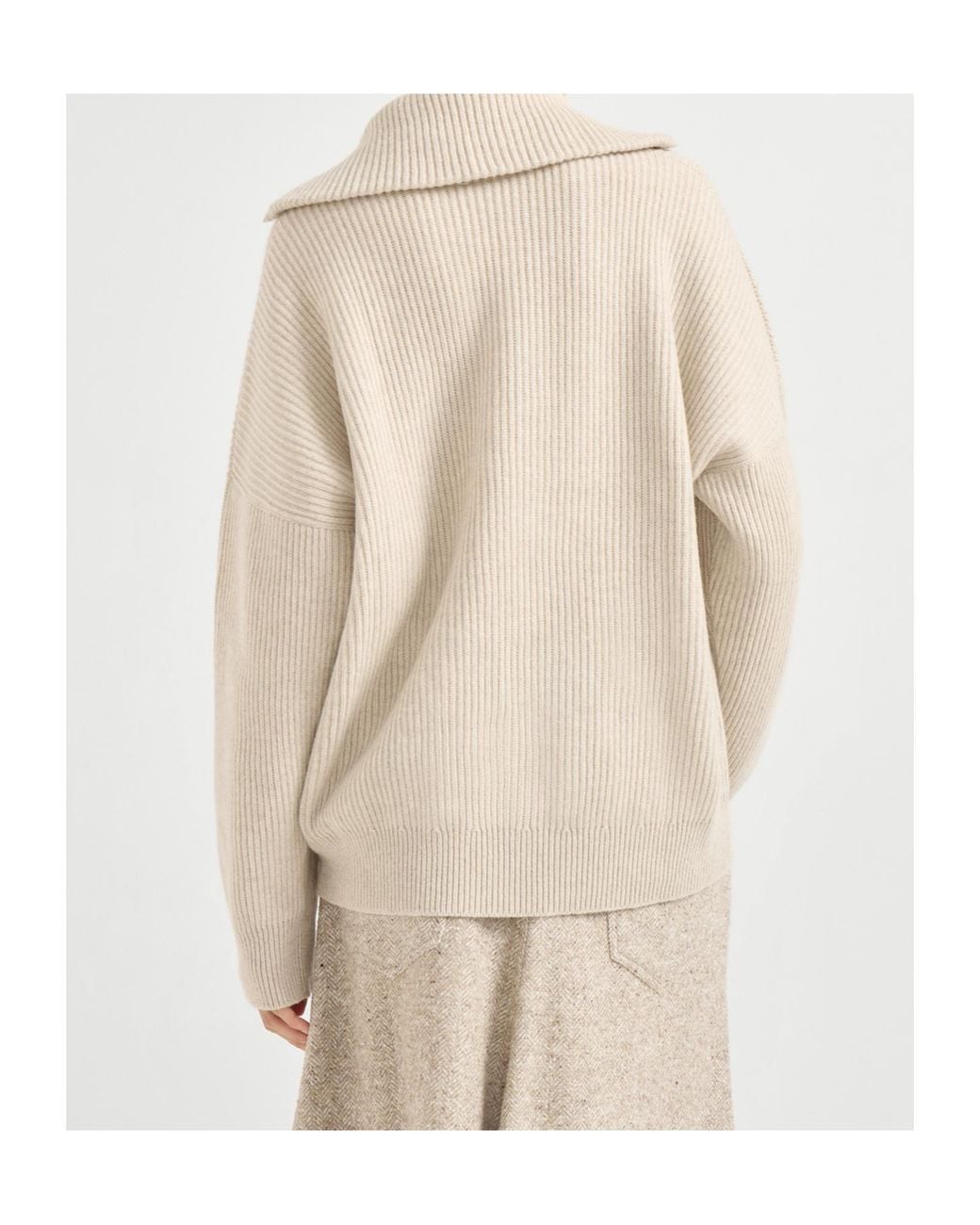 Brunello Cucinelli Natural Cashmere English Rib Sweater With Shiny Zipper Pull