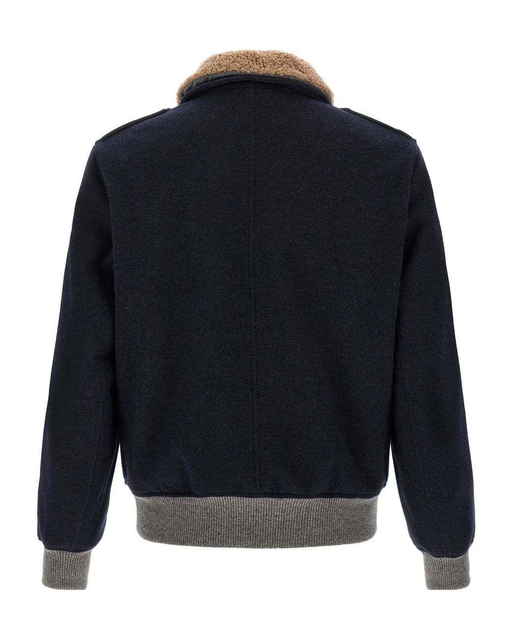 Brunello Cucinelli Blue Bonded Cashmere Beaver Cloth Bomber Jacket With Thermore Padding And Detachable Shearling Collar for men