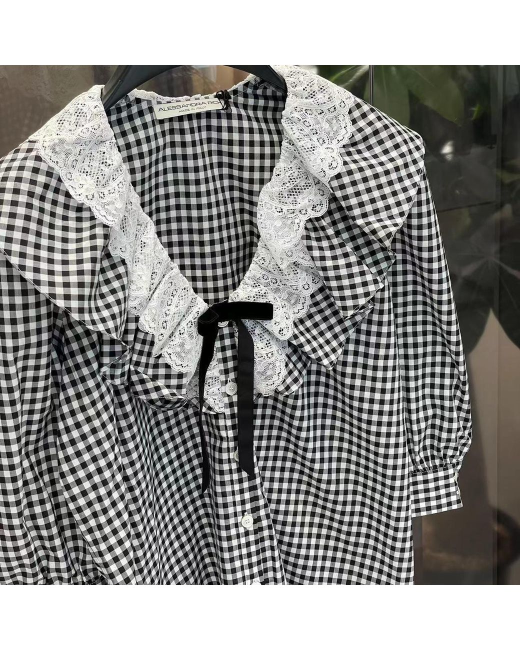 Alessandra Rich Gray Check-Print Ruffle-Collar Shirt