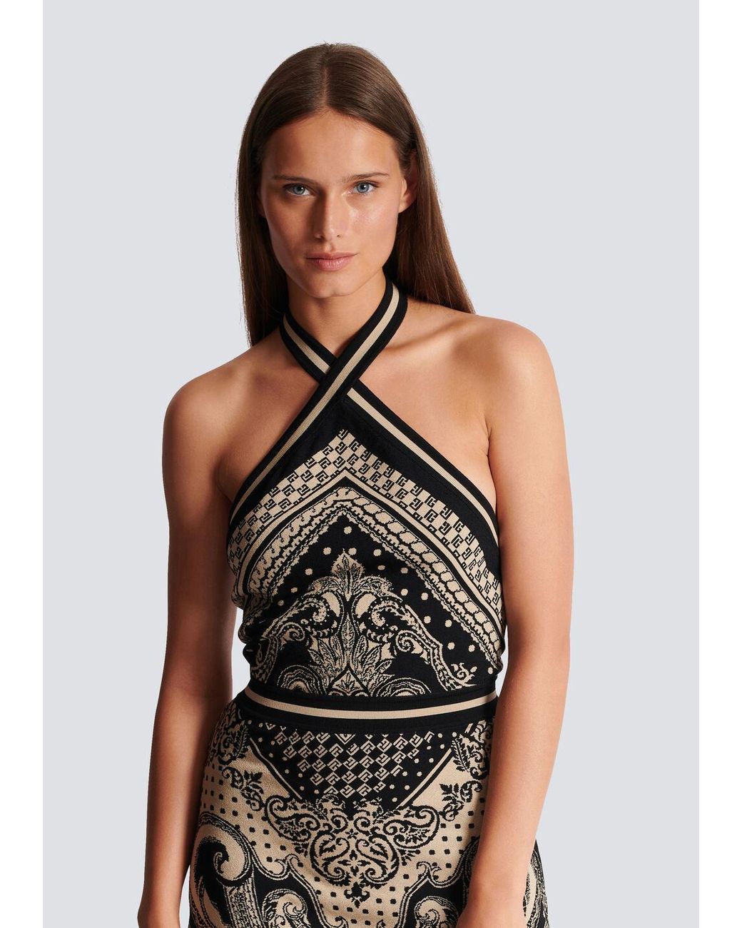 Balmain White Backless Knit Paisley Monogram Dress