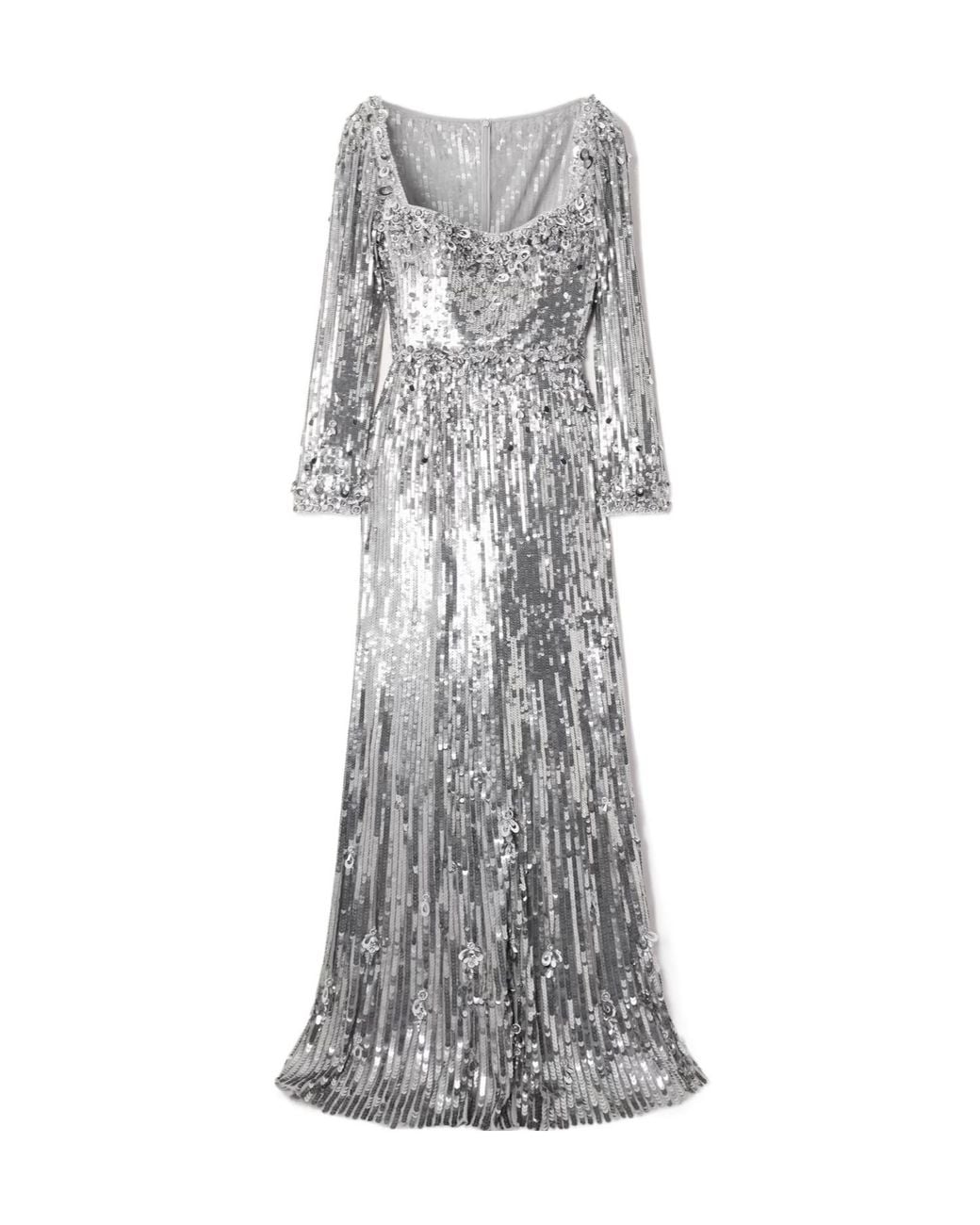Jenny Packham Gray Long Sleeve Sequin Evening Gown