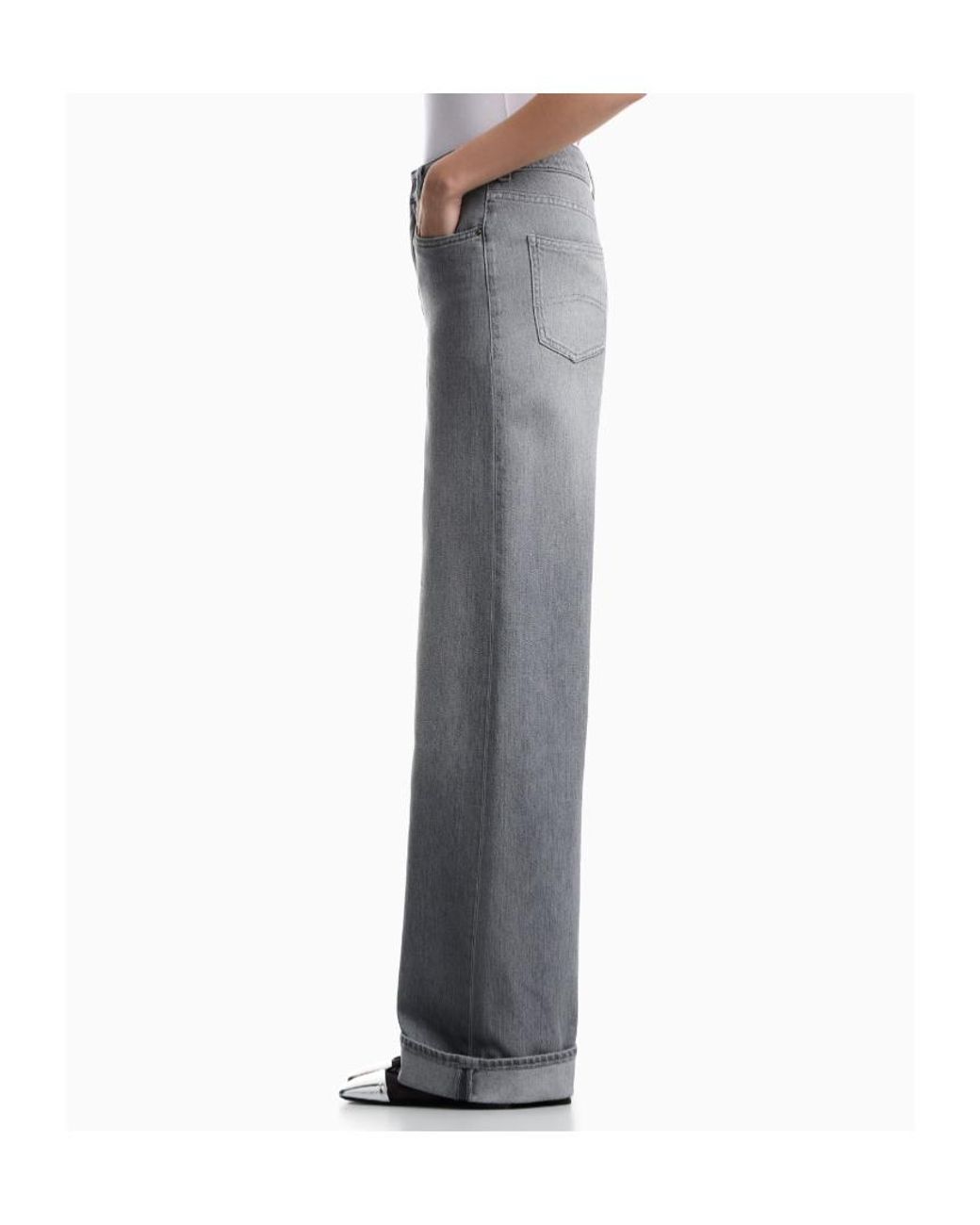 Emporio Armani Gray Logo-Plaque Turn-Up Jeans