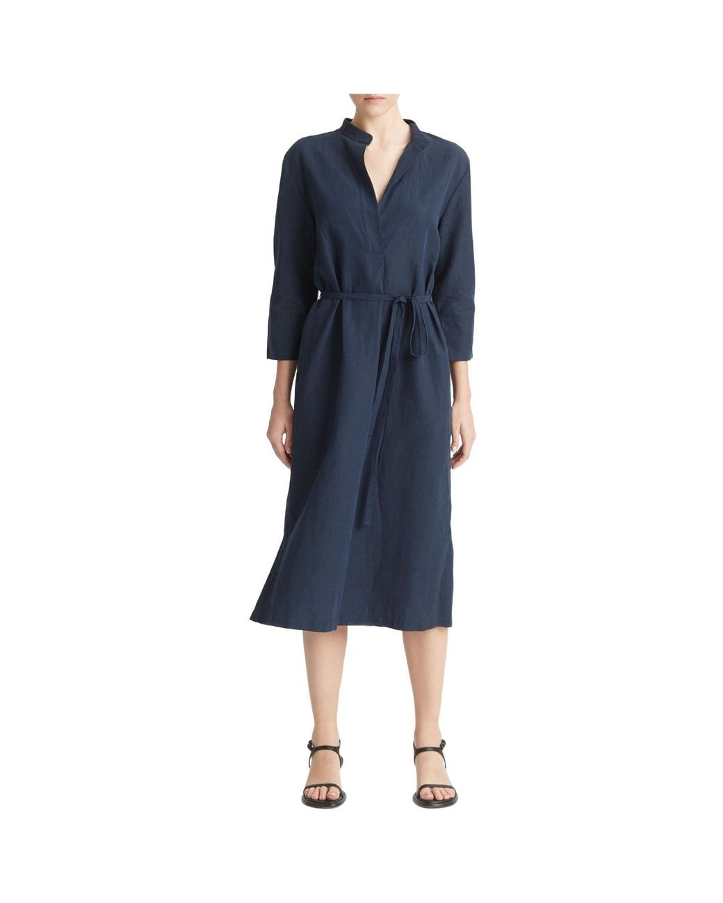 Vince Blue Band-Collar V-Neck Midi Dress