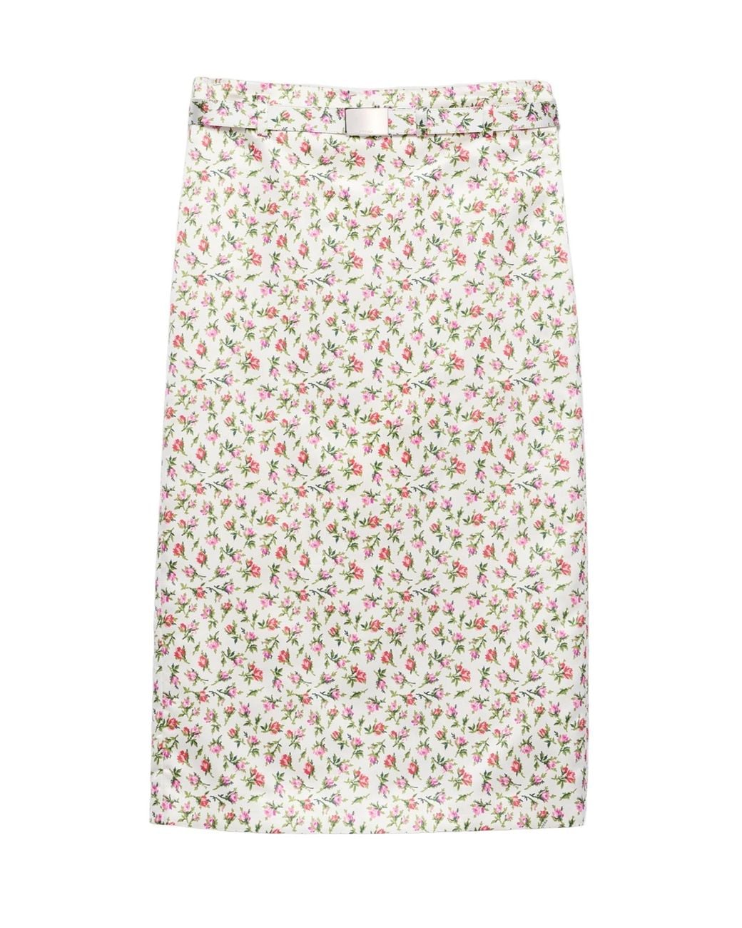 Prada White Printed Silk Duchesse Midi Skirt