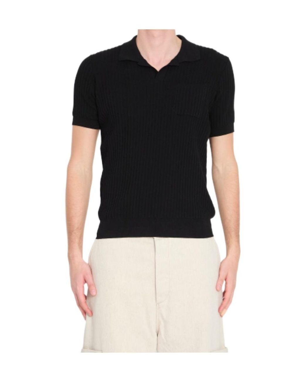 Roberto Collina Black Ribbed Pocket Polo Shirt for men