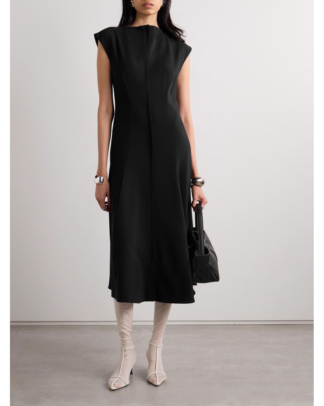 Proenza Schouler Black Georgia Button-Detailed Pleated Crepe Midi Dress
