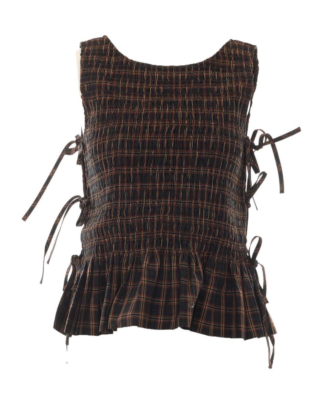 Ganni Black Smocked Check Lace-Up Top