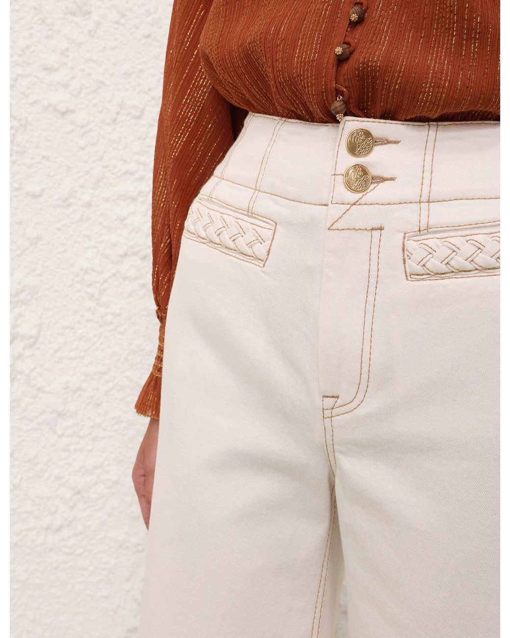 Zimmermann White Roselight Braided-Detail Jeans