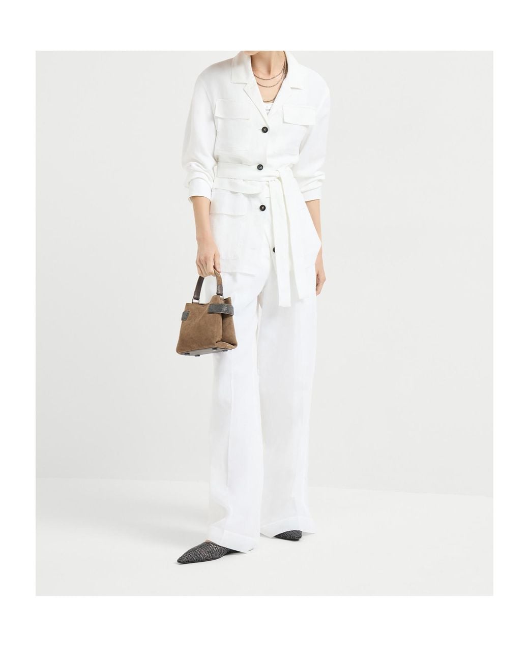 Brunello Cucinelli White Viscose And Linen Fluid Twill Safari Jacket With Monili